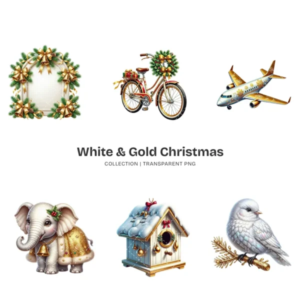 White & Gold Christmas (P-2) PNG Clipart Collection - 40 PNG, White Winter Graphics, Festive Holiday Printables, Commercial use, Digital download