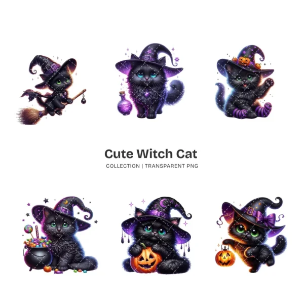 Cute Witch Cat PNG Clipart Collection - 40 PNG, Halloween cat Graphics, Black Cat, Spooky Animal Printables, Commercial use,Digital download