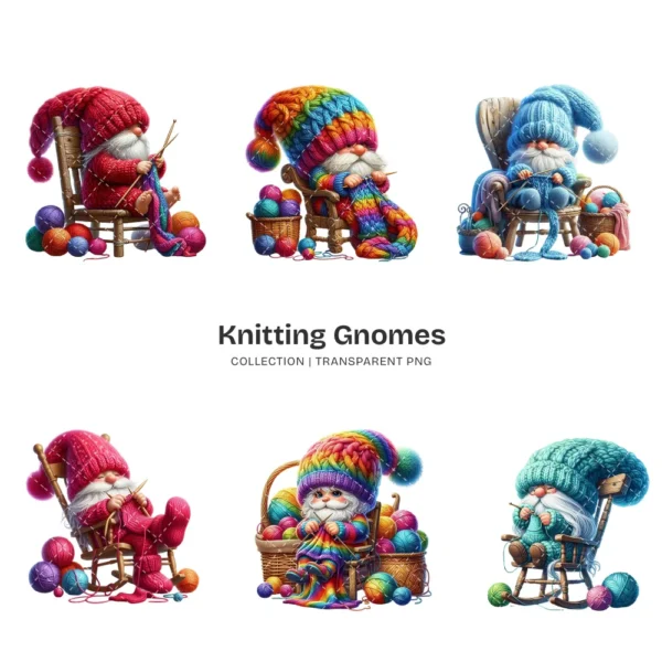Knitting Gnomes PNG Clipart Collection - 45 PNG, Cozy Graphics, Balls of Yarn Art, Adorable Printables, Commercial use, Digital download