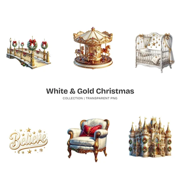 White & Gold Christmas (P-3) PNG Clipart Collection - 40 PNG, White Winter Graphics, Festive Holiday Printables, Commercial use, Digital download