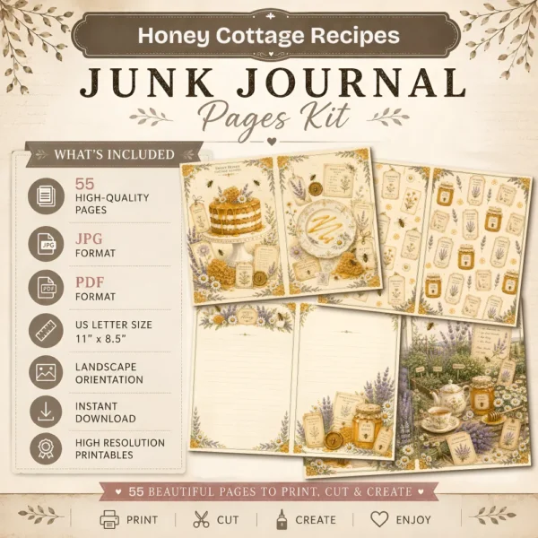 Honey Cottage Recipes Junk Journal Pages - Honey Recipe Book Ephemera, Vintage Bee and Honey, Lavender, Honeycomb Ephemera, Digital Download