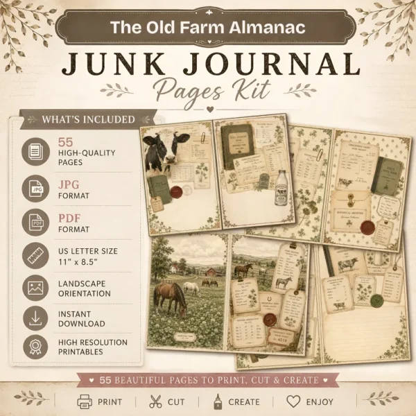 The Old Farm Almanac Junk Journal Pages - The Farm Almanac Ephemera, Country Life, Barnyard Animals, Dairy Farm Ephemera, Digital Download