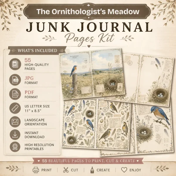 The Ornithologist's Meadow Junk Journal Pages - The Birdwatchers Ephemera, Meadowlarks and Bluebirds, Botanical Ephemera, Digital Download