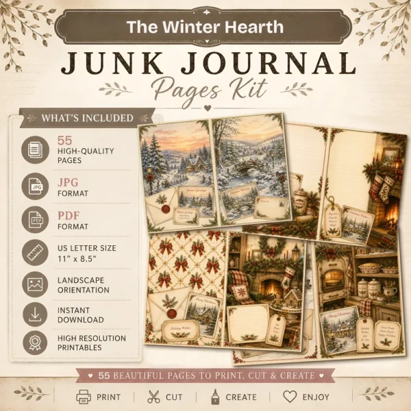 The Winter Hearth Junk Journal Pages - Cozy Winter Ephemera, Winter Retreat, Cake, Gingerbread Treats, Festive Ephemera, Digital Download