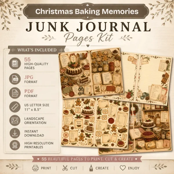 Christmas Baking Memories Junk Journal Pages - Vintage Baking Ephemera, holiday menu, Gingerbread, Cake, Festive Ephemera, Digital Download