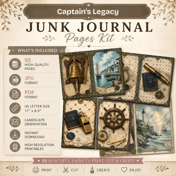 Captains Legacy Junk Journal Pages - Captains Log Ephemera, Anchors, Vintage Nautical, Classic Sea Voyages Ephemera, Digital Download