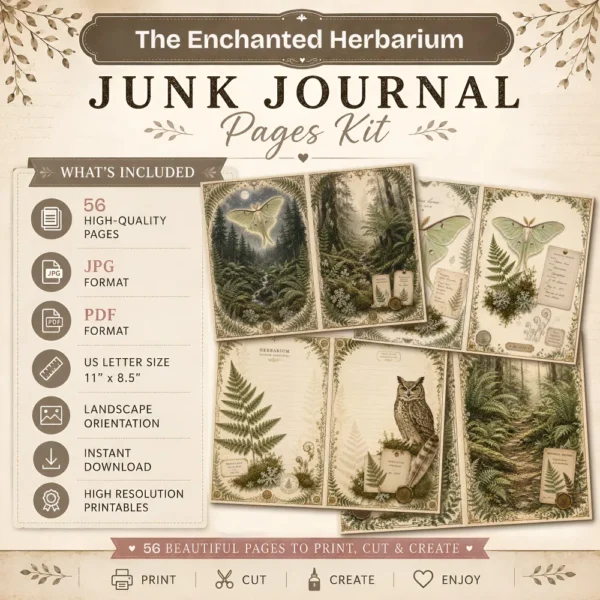 The Enchanted Herbarium Junk Journal Pages - Fernwood Herbarium Ephemera, Naturalist's Study, Woodland Nature Ephemera, Digital Download