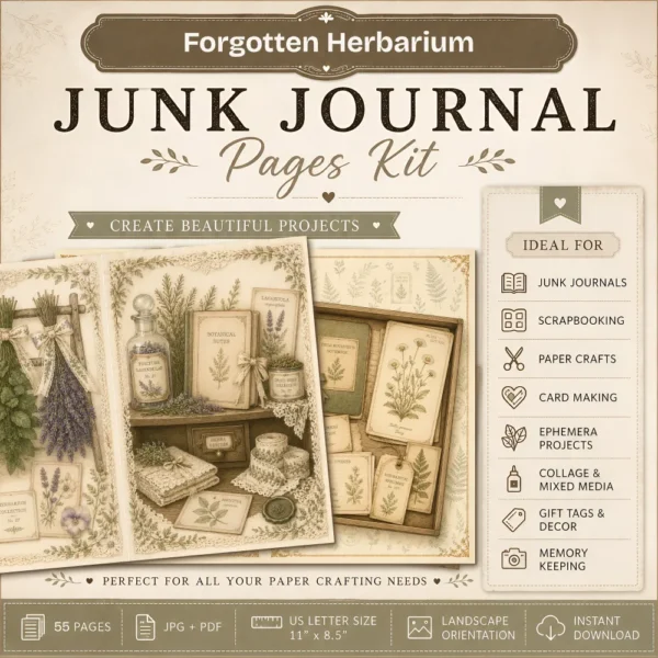 Forgotten Herbarium Junk Journal Pages - Vintage Botanical Ephemera, Nature Study, Pressed Flower, Herbal Ephemera, Digital Download