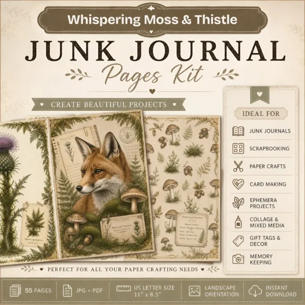 Whispering Moss & Thistle Junk Journal Pages - Woodland Nature Ephemera, Serene Forest, Fern, Mushroom, Botanical Ephemera, Digital Download