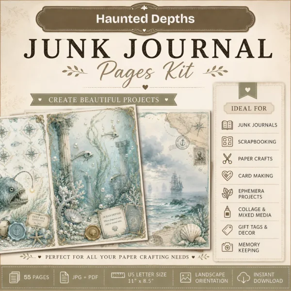 Haunted Depths Junk Journal Pages - Cursed Ocean Ephemera, Scary Sea, Deadly, Skeleton, Halloween Under the Sea Ephemera, Digital Download