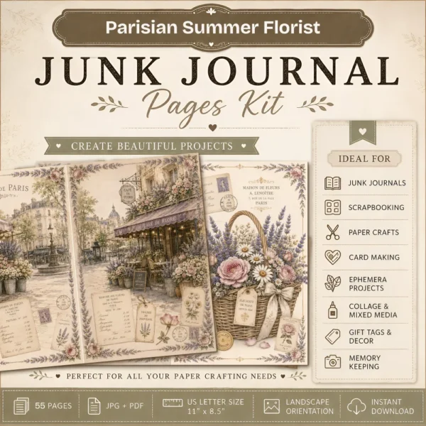 Parisian Summer Florist Junk Journal Pages - French Garden Ephemera, Vintage Floral, Flower Market, Summer Blooms Ephemera, Digital Download