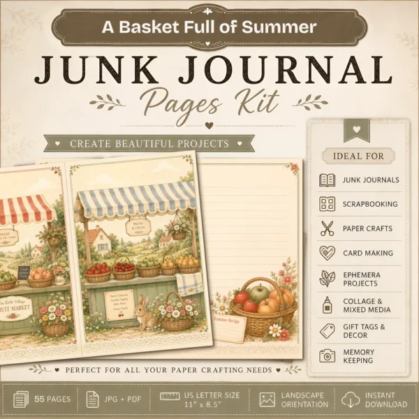 A Basket Full of Summer Junk Journal Pages - Summer In The Country Ephemera, Cottagecore Garden, Farm Animals Ephemera, Digital Download