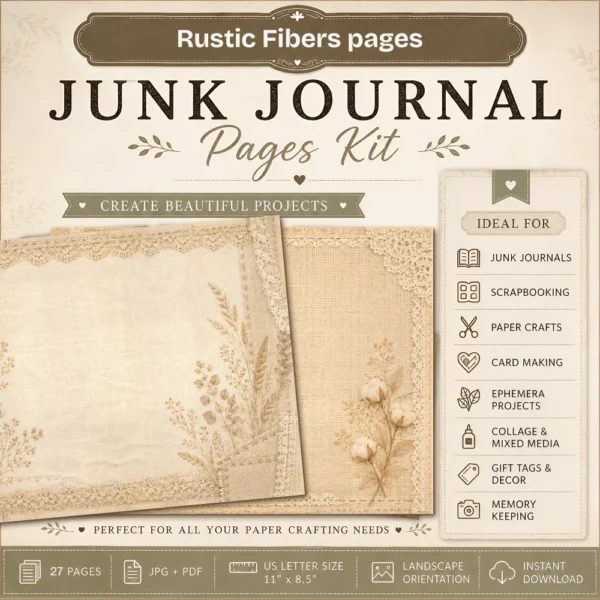 Rustic Fibers Junk Journal Background Papers - Printable, Paper, Lace and Botanical Textures, Linen Pages, Vintage Script, Digital Download