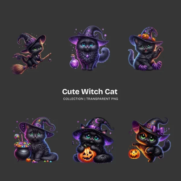 Cute Witch Cat PNG Clipart Collection - 40 PNG, Halloween cat Graphics, Black Cat, Spooky Animal Printables, Commercial use,Digital download