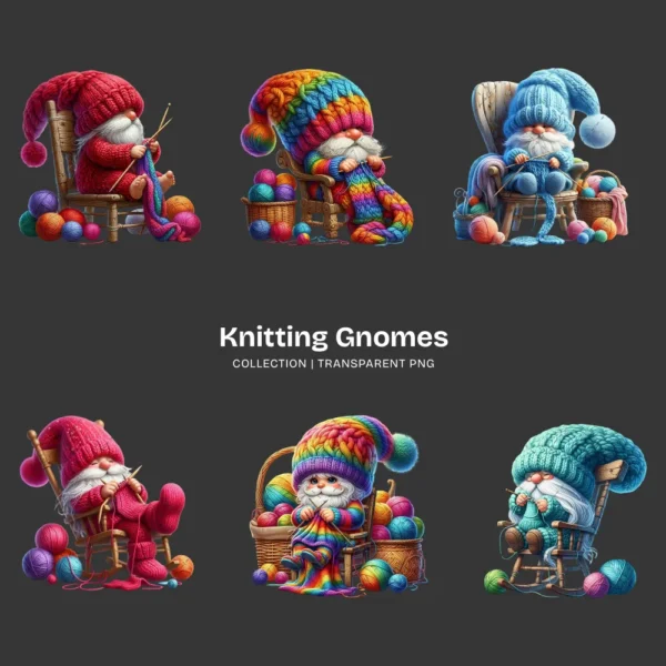 Knitting Gnomes PNG Clipart Collection - 45 PNG, Cozy Graphics, Balls of Yarn Art, Adorable Printables, Commercial use, Digital download
