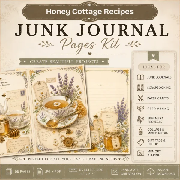 Honey Cottage Recipes Junk Journal Pages - Honey Recipe Book Ephemera, Vintage Bee and Honey, Lavender, Honeycomb Ephemera, Digital Download