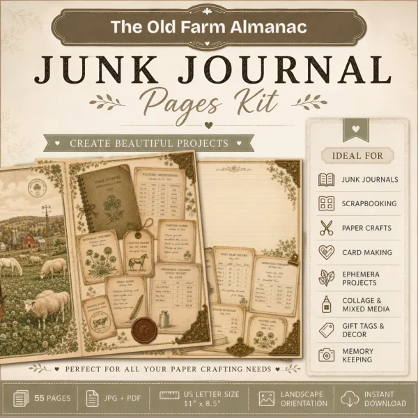 The Old Farm Almanac Junk Journal Pages - The Farm Almanac Ephemera, Country Life, Barnyard Animals, Dairy Farm Ephemera, Digital Download
