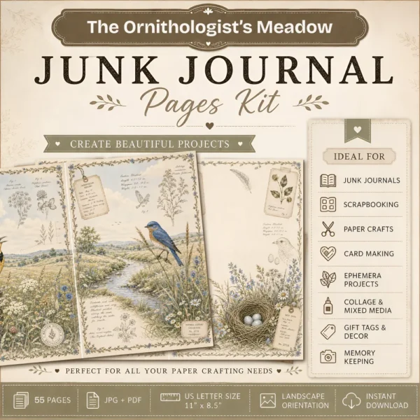 The Ornithologist's Meadow Junk Journal Pages - The Birdwatchers Ephemera, Meadowlarks and Bluebirds, Botanical Ephemera, Digital Download
