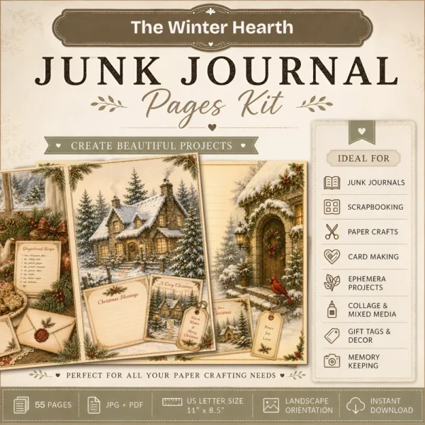 The Winter Hearth Junk Journal Pages - Cozy Winter Ephemera, Winter Retreat, Cake, Gingerbread Treats, Festive Ephemera, Digital Download