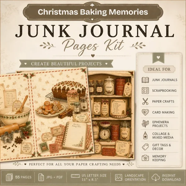 Christmas Baking Memories Junk Journal Pages - Vintage Baking Ephemera, holiday menu, Gingerbread, Cake, Festive Ephemera, Digital Download