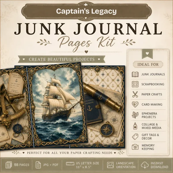 Captains Legacy Junk Journal Pages - Captains Log Ephemera, Anchors, Vintage Nautical, Classic Sea Voyages Ephemera, Digital Download