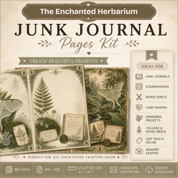 The Enchanted Herbarium Junk Journal Pages - Fernwood Herbarium Ephemera, Naturalist's Study, Woodland Nature Ephemera, Digital Download