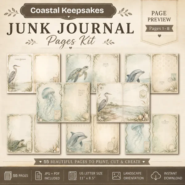 Coastal Keepsakes Junk Journal Pages - Shoreline Finds Ephemera, coastal bird, Pearls, Seashells, Ocean Life Ephemera, Digital Download
