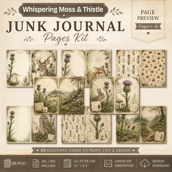 Whispering Moss & Thistle Junk Journal Pages - Woodland Nature Ephemera, Serene Forest, Fern, Mushroom, Botanical Ephemera, Digital Download