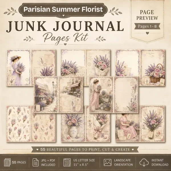 Parisian Summer Florist Junk Journal Pages - French Garden Ephemera, Vintage Floral, Flower Market, Summer Blooms Ephemera, Digital Download