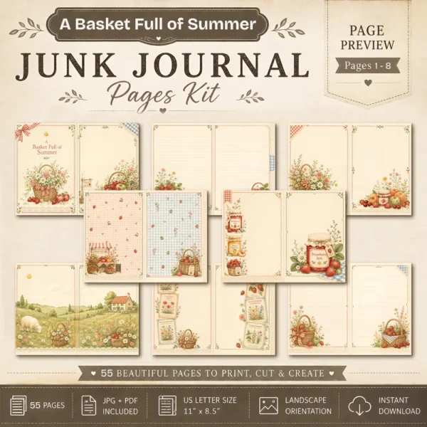 A Basket Full of Summer Junk Journal Pages - Summer In The Country Ephemera, Cottagecore Garden, Farm Animals Ephemera, Digital Download