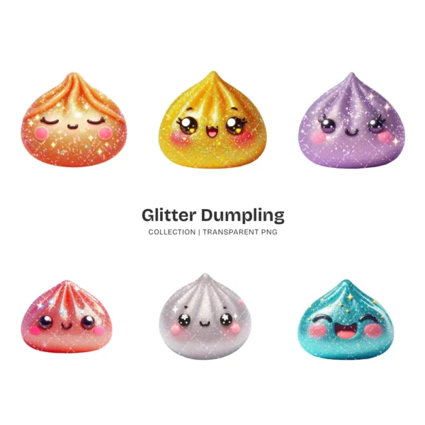 Glitter Dumpling PNG Clipart Collection - 40 PNG, Kawaii Dumpling Graphics, Sparkly Food Printable, Commercial use, Digital download