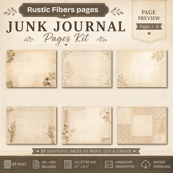 Rustic Fibers Junk Journal Background Papers - Printable, Paper, Lace and Botanical Textures, Linen Pages, Vintage Script, Digital Download