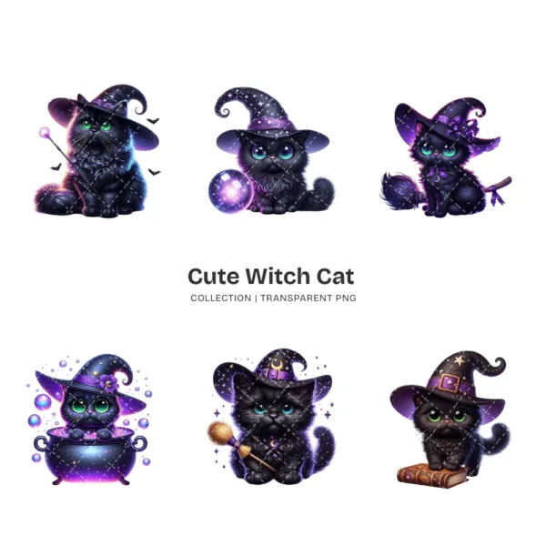 Cute Witch Cat PNG Clipart Collection - 40 PNG, Halloween cat Graphics, Black Cat, Spooky Animal Printables, Commercial use,Digital download