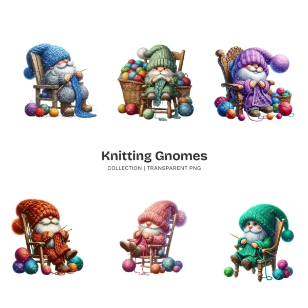 Knitting Gnomes PNG Clipart Collection - 45 PNG, Cozy Graphics, Balls of Yarn Art, Adorable Printables, Commercial use, Digital download