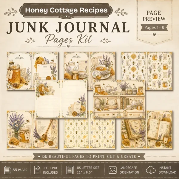 Honey Cottage Recipes Junk Journal Pages - Honey Recipe Book Ephemera, Vintage Bee and Honey, Lavender, Honeycomb Ephemera, Digital Download