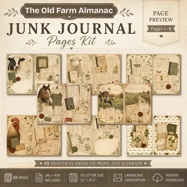 The Old Farm Almanac Junk Journal Pages - The Farm Almanac Ephemera, Country Life, Barnyard Animals, Dairy Farm Ephemera, Digital Download