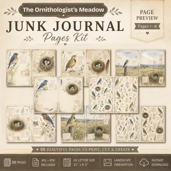 The Ornithologist's Meadow Junk Journal Pages - The Birdwatchers Ephemera, Meadowlarks and Bluebirds, Botanical Ephemera, Digital Download