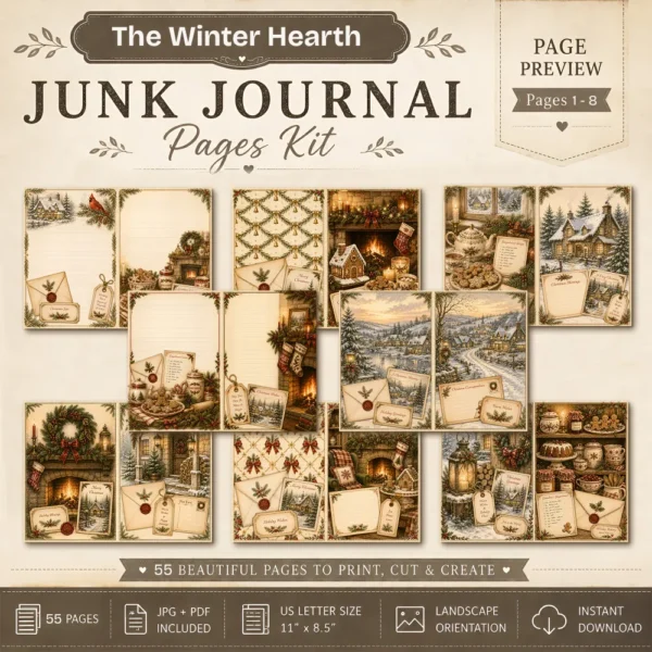 The Winter Hearth Junk Journal Pages - Cozy Winter Ephemera, Winter Retreat, Cake, Gingerbread Treats, Festive Ephemera, Digital Download