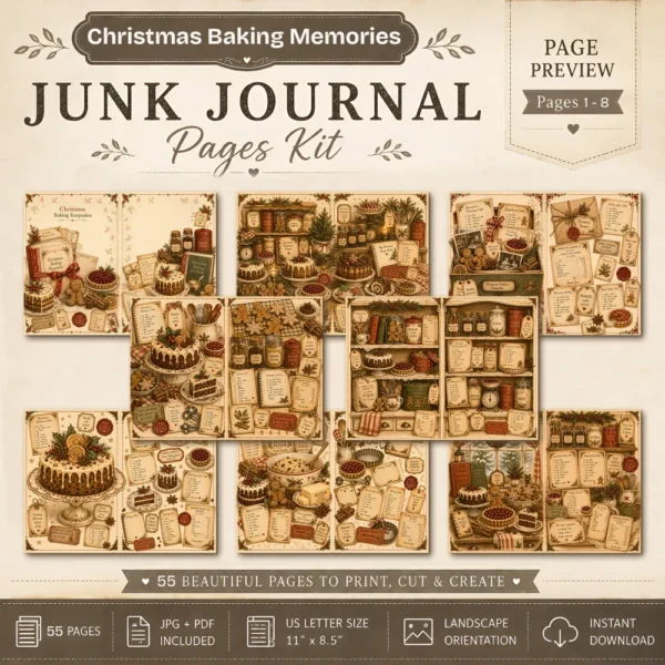 Christmas Baking Memories Junk Journal Pages - Vintage Baking Ephemera, holiday menu, Gingerbread, Cake, Festive Ephemera, Digital Download