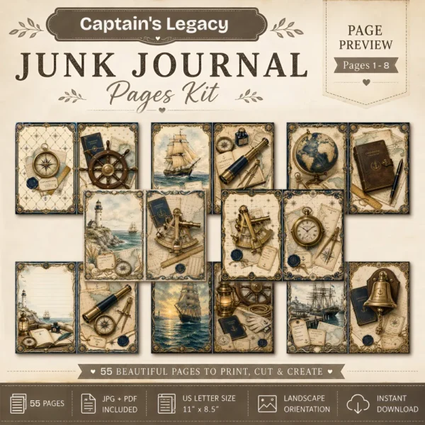 Captains Legacy Junk Journal Pages - Captains Log Ephemera, Anchors, Vintage Nautical, Classic Sea Voyages Ephemera, Digital Download