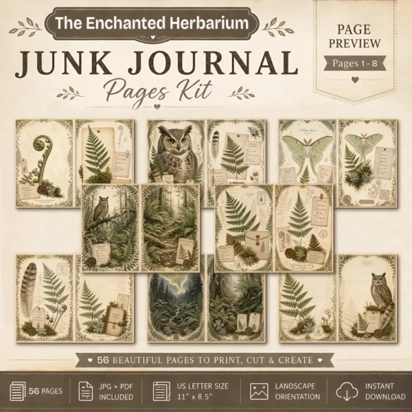 The Enchanted Herbarium Junk Journal Pages - Fernwood Herbarium Ephemera, Naturalist's Study, Woodland Nature Ephemera, Digital Download
