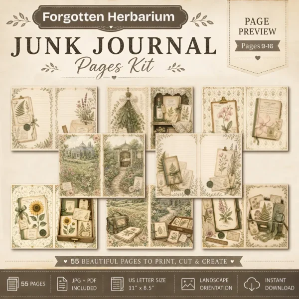 Forgotten Herbarium Junk Journal Pages - Vintage Botanical Ephemera, Nature Study, Pressed Flower, Herbal Ephemera, Digital Download