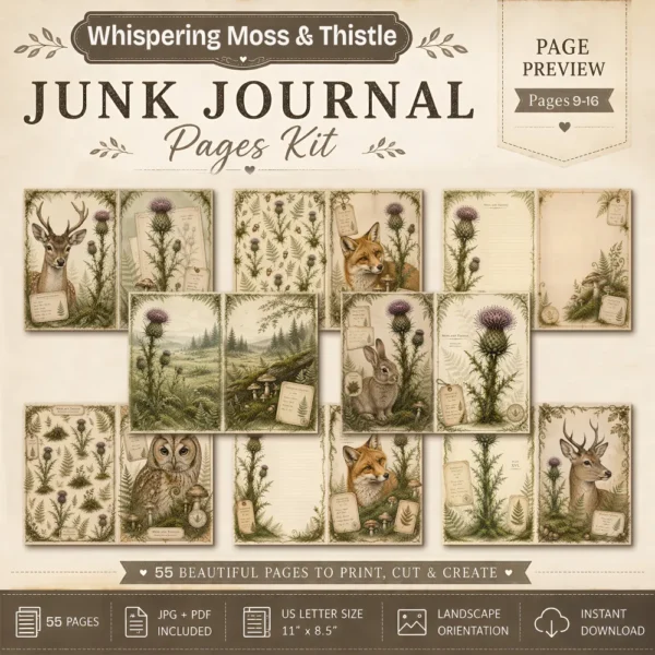 Whispering Moss & Thistle Junk Journal Pages - Woodland Nature Ephemera, Serene Forest, Fern, Mushroom, Botanical Ephemera, Digital Download
