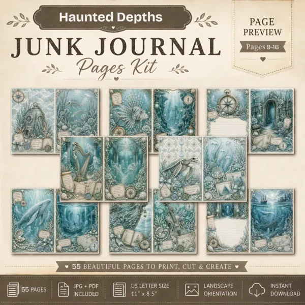 Haunted Depths Junk Journal Pages - Cursed Ocean Ephemera, Scary Sea, Deadly, Skeleton, Halloween Under the Sea Ephemera, Digital Download
