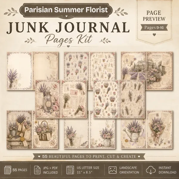 Parisian Summer Florist Junk Journal Pages - French Garden Ephemera, Vintage Floral, Flower Market, Summer Blooms Ephemera, Digital Download