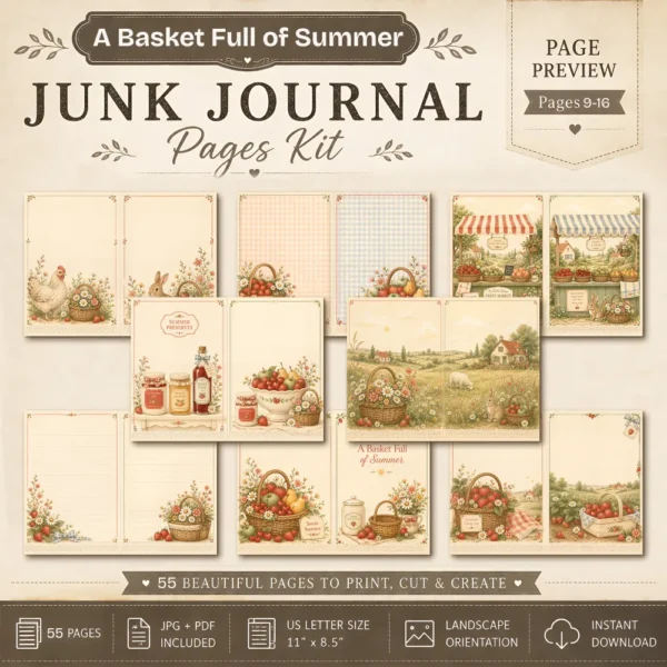 A Basket Full of Summer Junk Journal Pages - Summer In The Country Ephemera, Cottagecore Garden, Farm Animals Ephemera, Digital Download