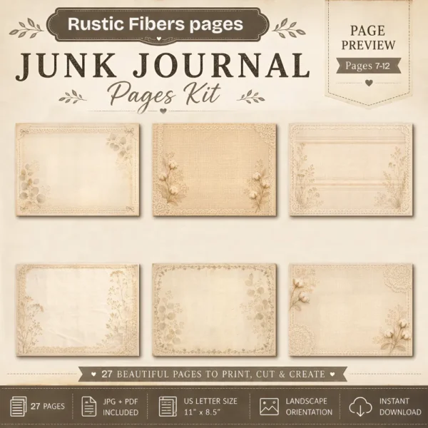 Rustic Fibers Junk Journal Background Papers - Printable, Paper, Lace and Botanical Textures, Linen Pages, Vintage Script, Digital Download