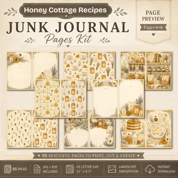 Honey Cottage Recipes Junk Journal Pages - Honey Recipe Book Ephemera, Vintage Bee and Honey, Lavender, Honeycomb Ephemera, Digital Download
