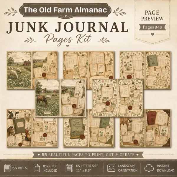 The Old Farm Almanac Junk Journal Pages - The Farm Almanac Ephemera, Country Life, Barnyard Animals, Dairy Farm Ephemera, Digital Download