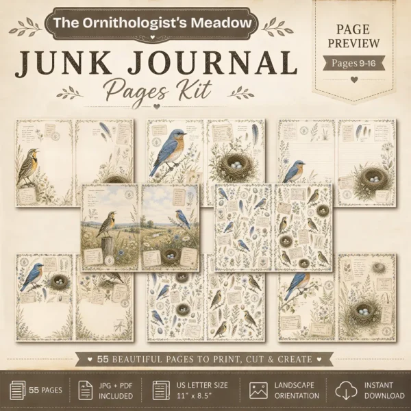 The Ornithologist's Meadow Junk Journal Pages - The Birdwatchers Ephemera, Meadowlarks and Bluebirds, Botanical Ephemera, Digital Download